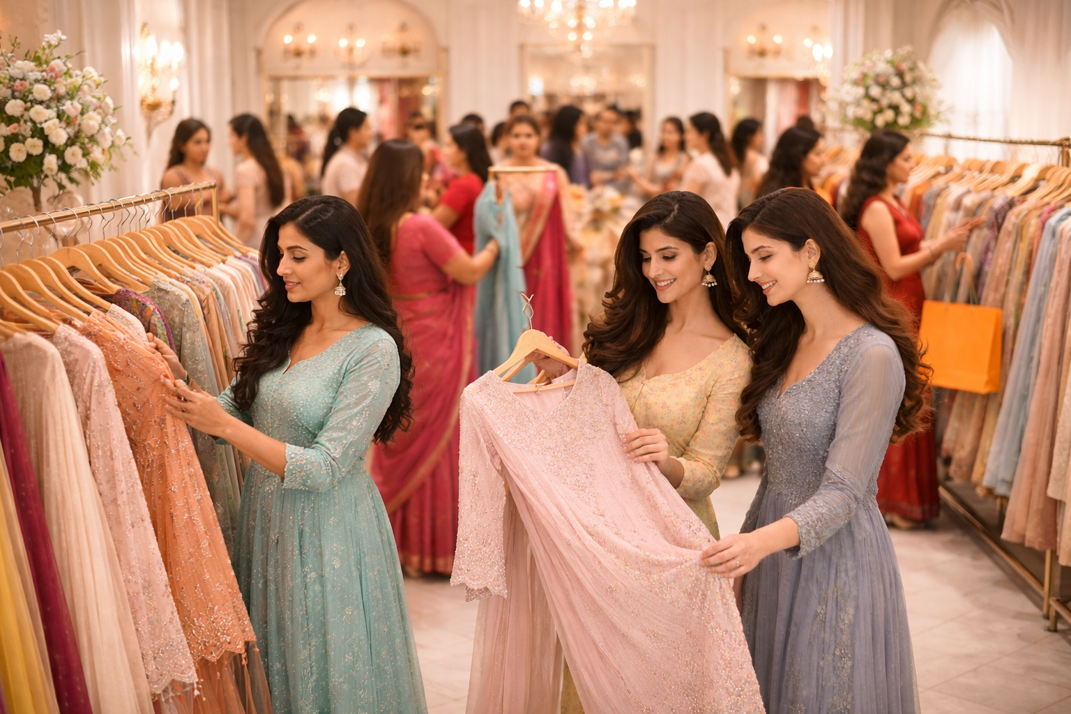 crowded ethnic wear boutique with women shopping for kurtis and traditional dresses