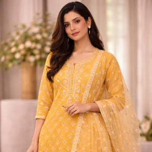 Mustard yellow embroidered kurti set for women with dupatta