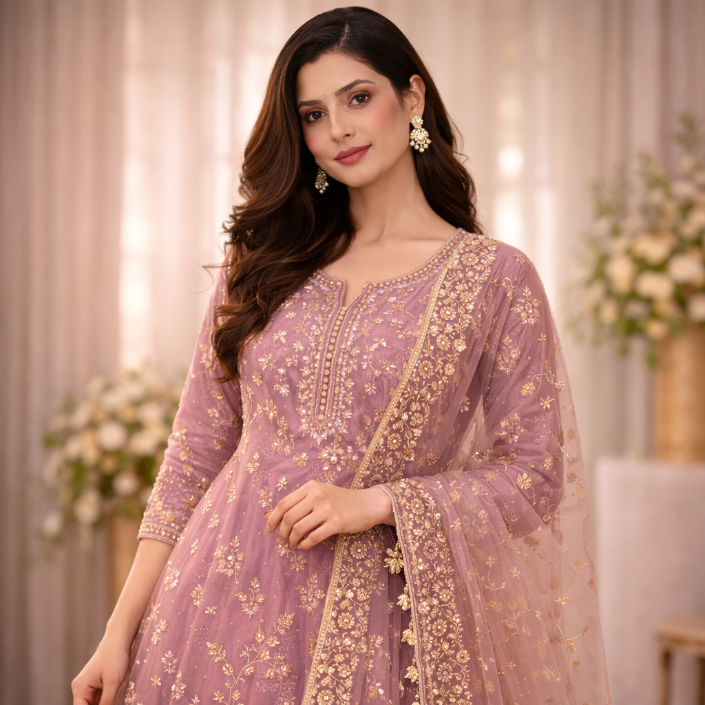 Mauve embroidered salwar suit for women with elegant dupatta and festive design Mauve embroidered salwar suit for women with elegant dupatta and festive design