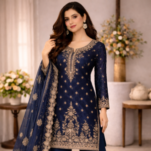 Navy blue embroidered party wear salwar suit for women with dupatta