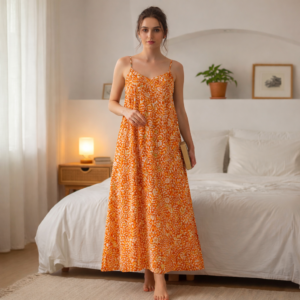 Orange floral maxi dress for women with flowy fit and lightweight fabric