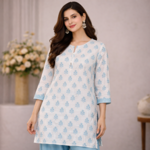White and blue printed pure cotton kurta for women with three quarter sleeves