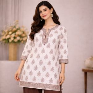 White and brown printed pure cotton kurta for women with three quarter sleeves