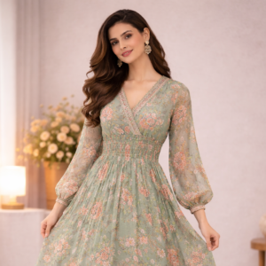 Sage green floral printed maxi dress for women with long sleeves and flowy fit