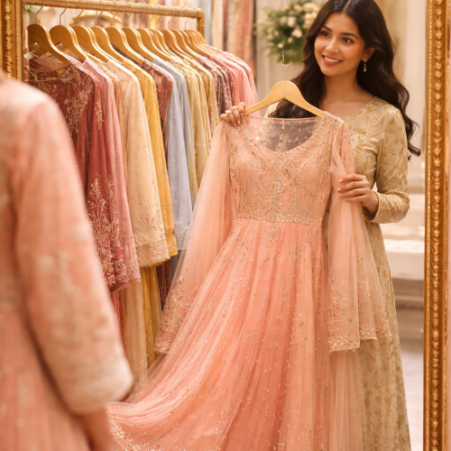 woman browsing ethnic wear in boutique mirror trial